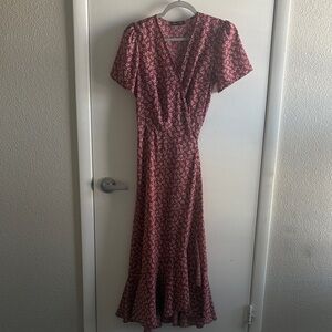 Pretty Garden Midi Pink Puff Sleeve CottageCore Floral V NeckWrap Dress SZ S